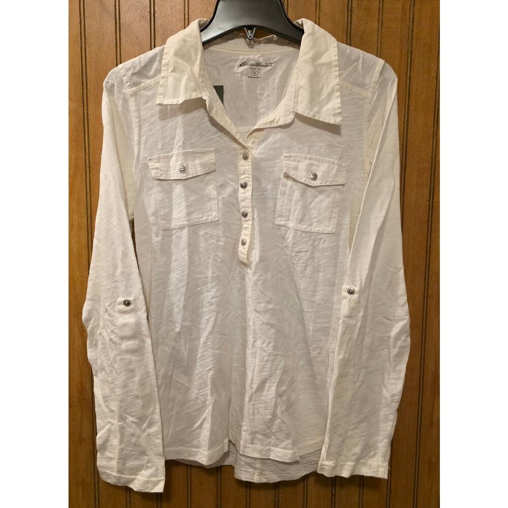 Eddie Bauer‎ Button Shirt Women M White Roll Sleeve Pockets Cotton NWT